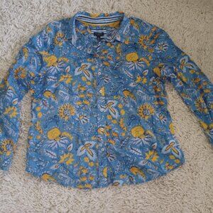 Talbots Petite Floral Cotton Button Front Shirt Womens MP Blue Yellow Blouse